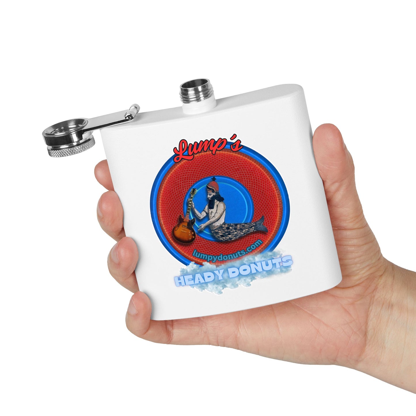 Lump's Donut Flask 6 oz -  "Lump's Heady Logo Flask" - red/blue rustic donut - [*w/your choice of 6 backgrounds]