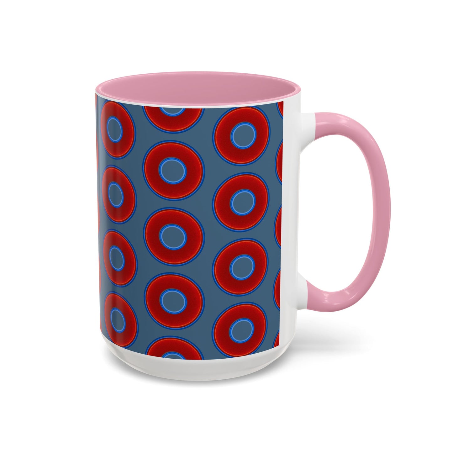 Lump's Grumpy Coffee Mug - vivid red donuts w/steel blue background