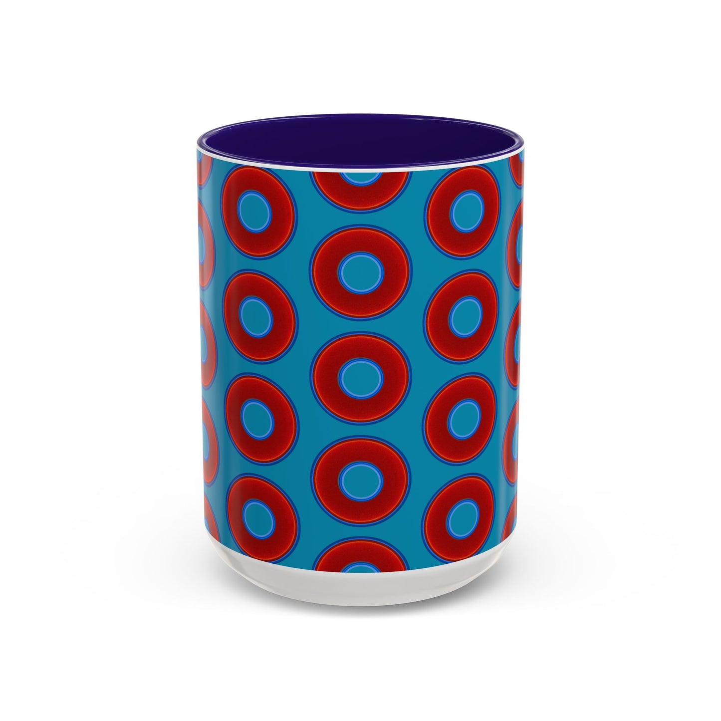 Lump's Grumpy Coffee Mug - vivid red donuts w/aquamarine blue background