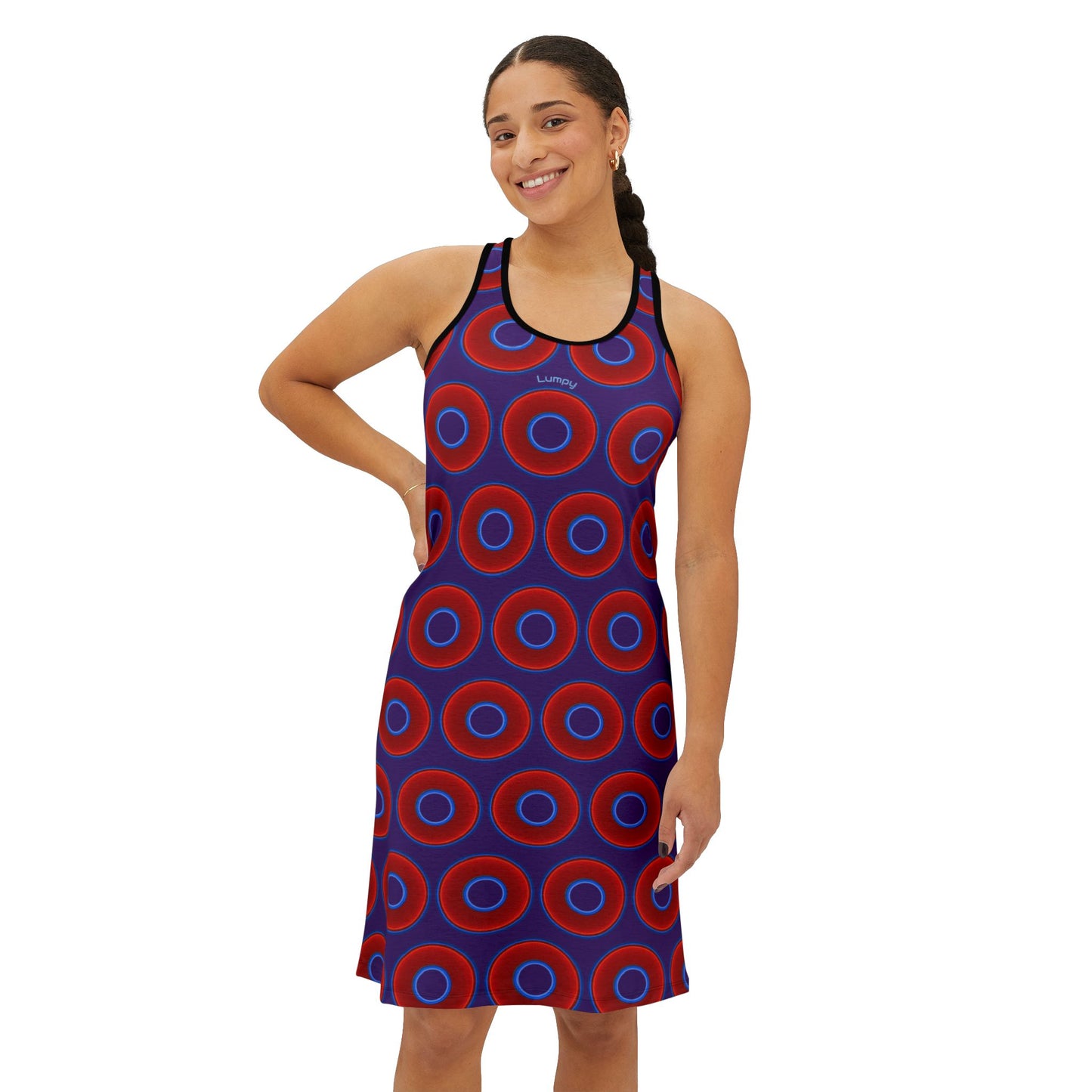 Tela's Lumpy Racerback Donut Dress - red vivid donut print w/purple background