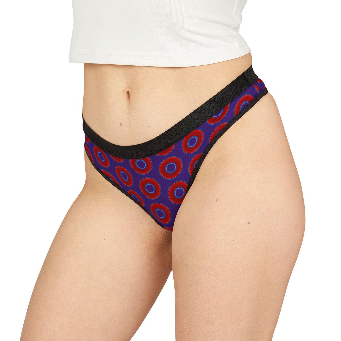 Lumpy Donut Thongs - red vivid donut print w/dark purple background