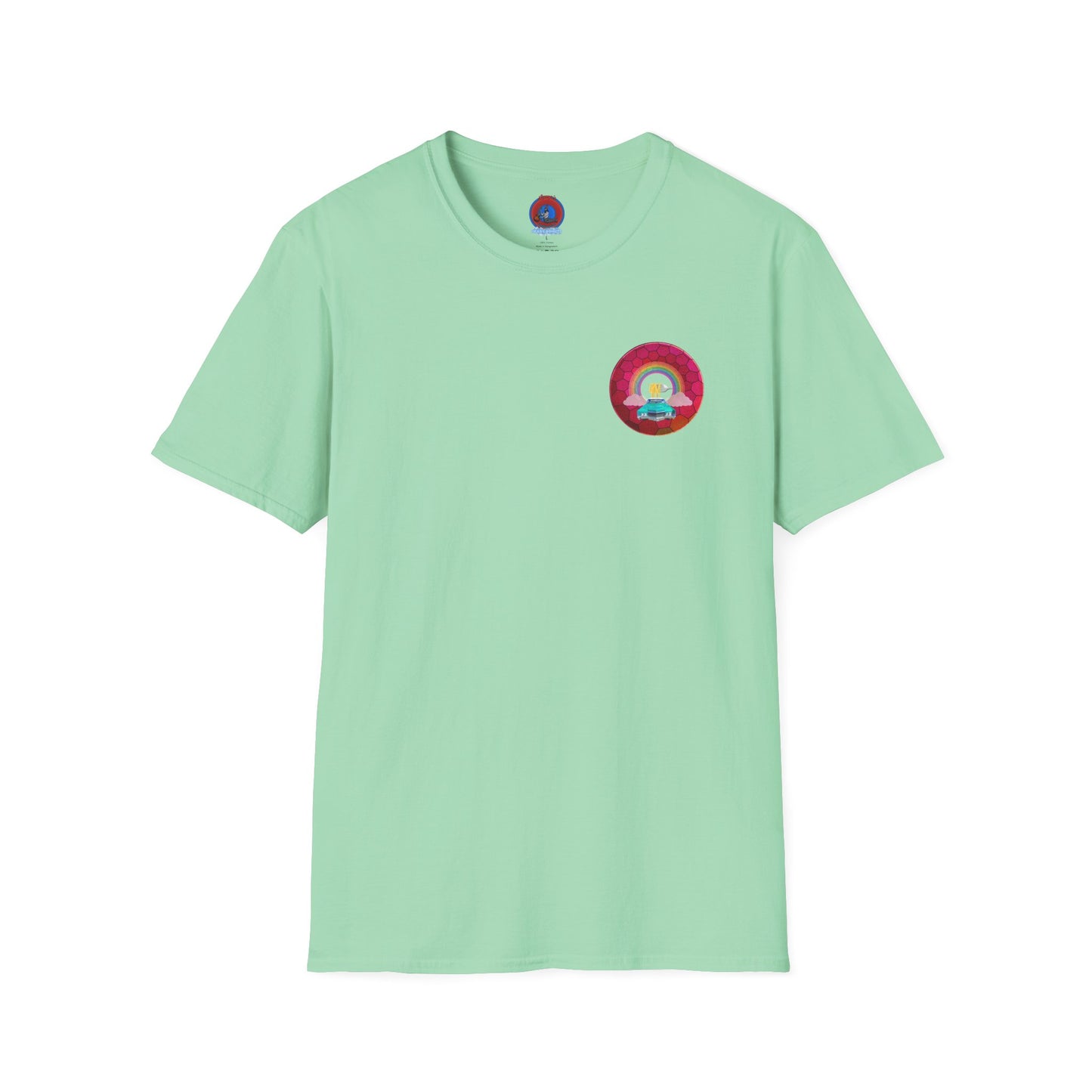 Classic Donut Tee - Unisex Soft-Style - "Cadillac Rainbows Donut Tee" - variant 3 - magenta hexadonut w/mint green caddy
