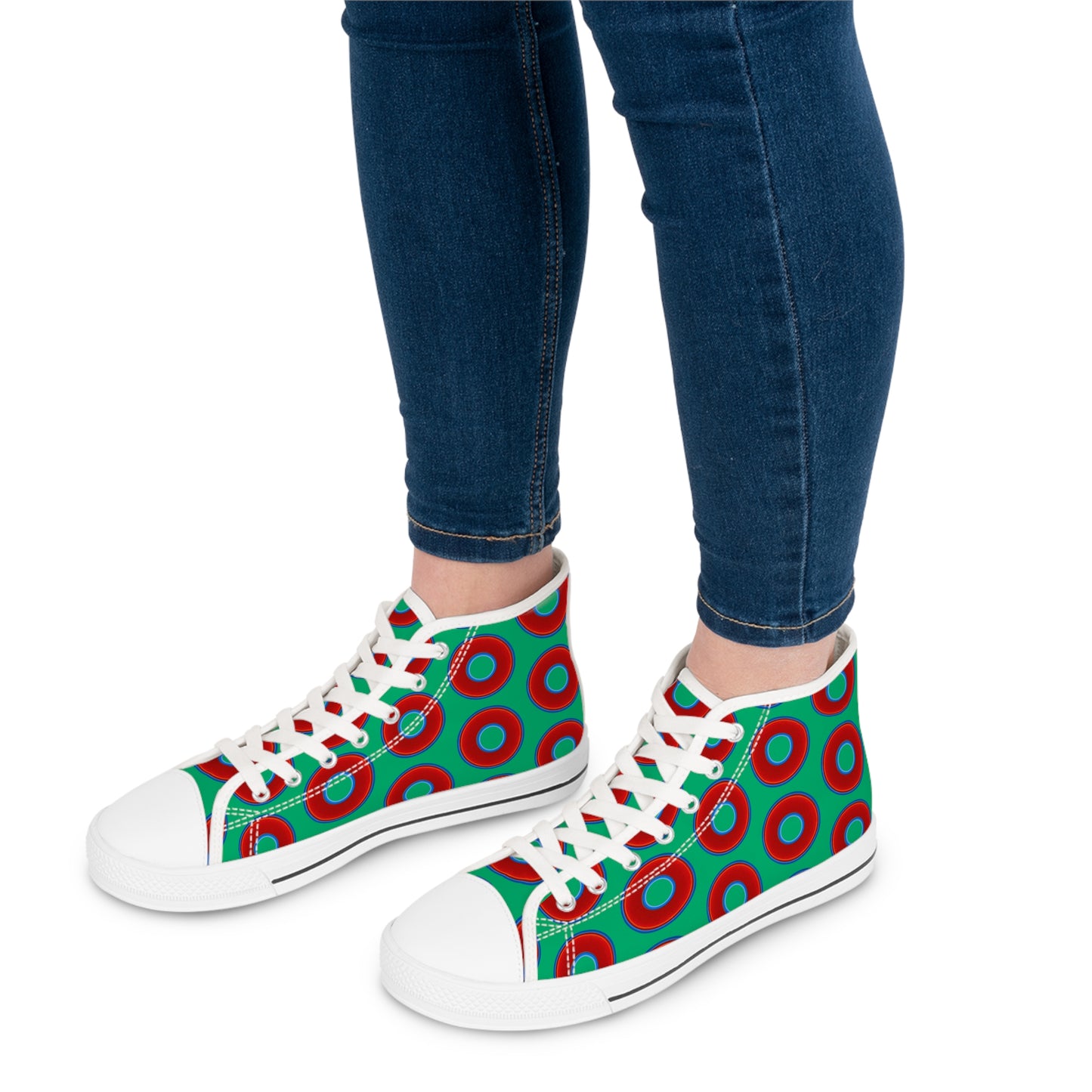 Women's High Top Chuck Taylors - large vivid red donut print w/jade green background