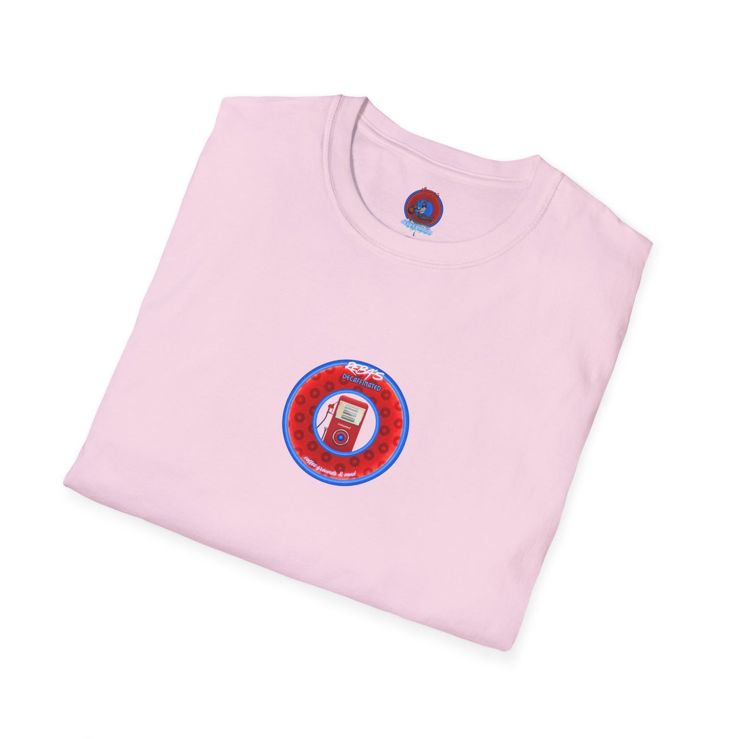 Coffee Traders Tee - Unisex Soft-Style - "Reba's Decaf: Coffee Grounds & Mud " - paradoxical donut - variant 3- front Reba/back logo