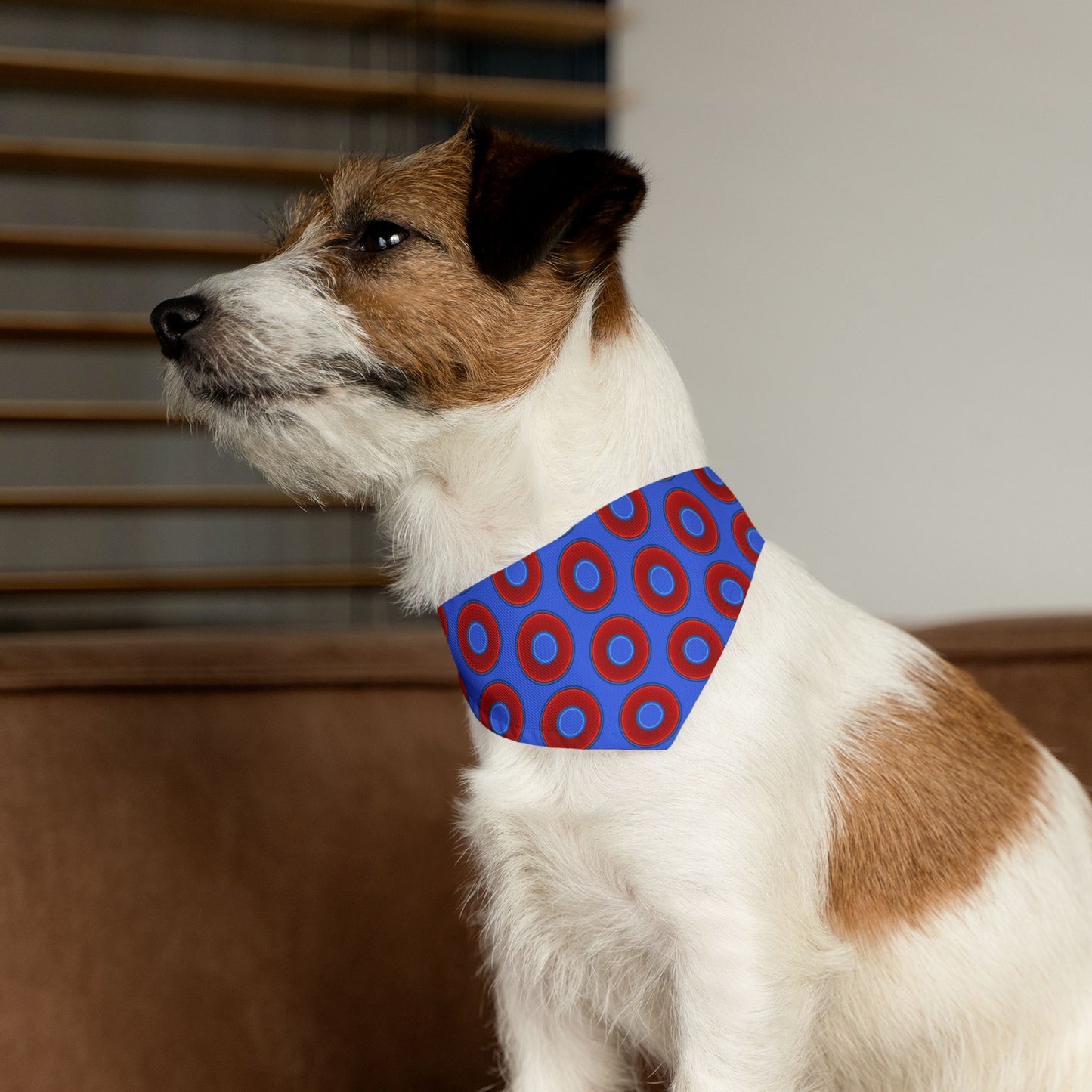 Jim's Lumpy Bandana Pet Collar - vivid red donuts w/royal blue background