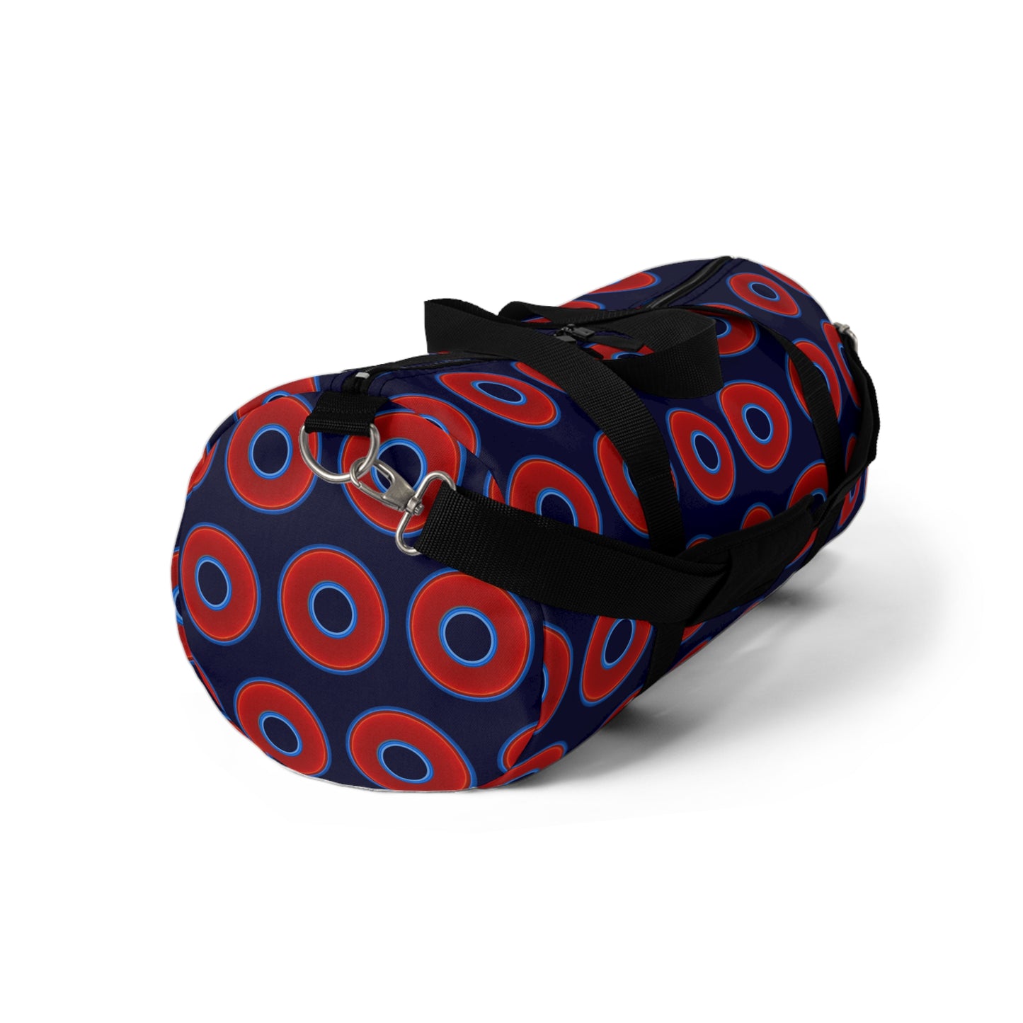 Lumpy Duffel - vivid red donuts w/midnight blue background