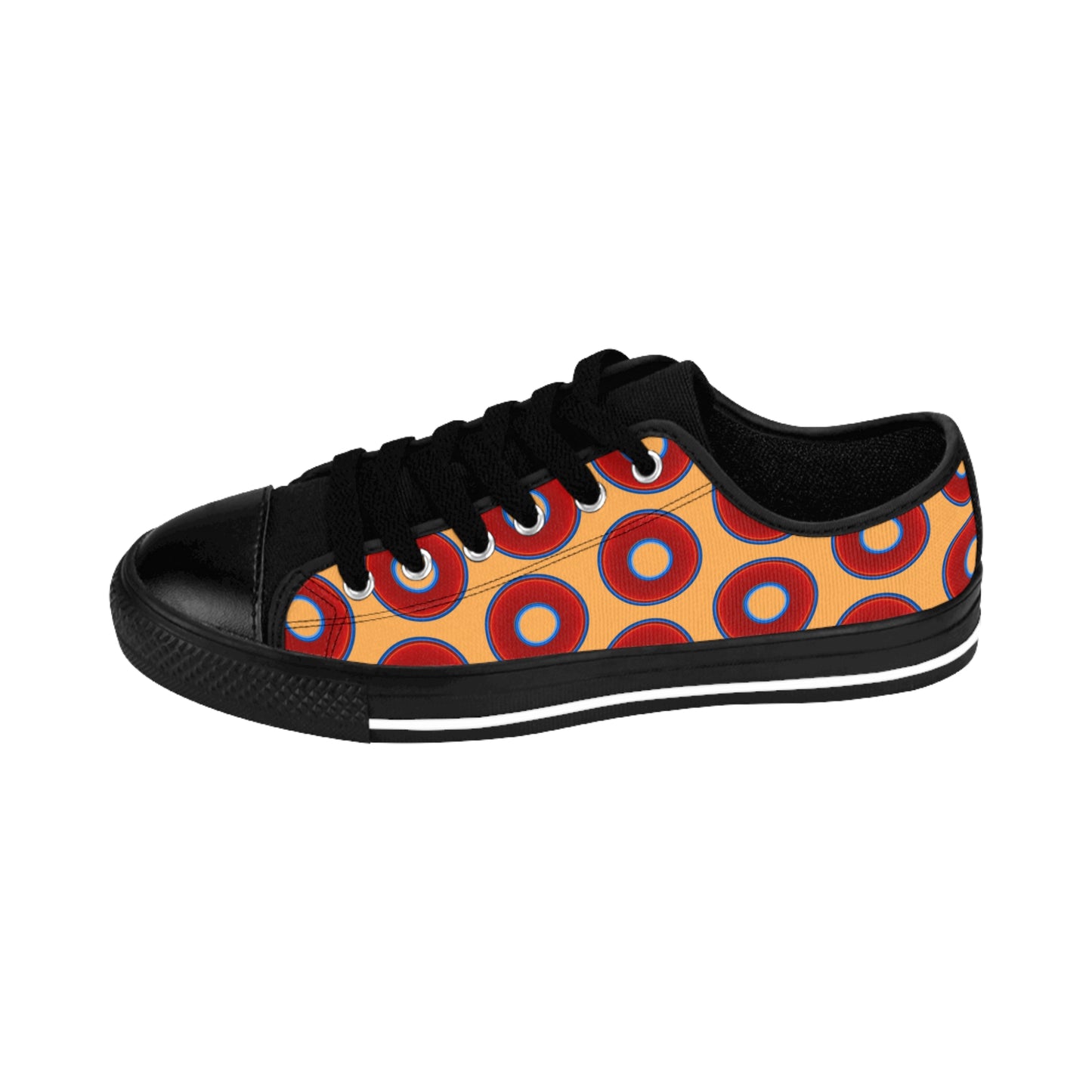 Women's Cushiony Convectors - Low Top - large red vivid donut print w/creamsicle orange background