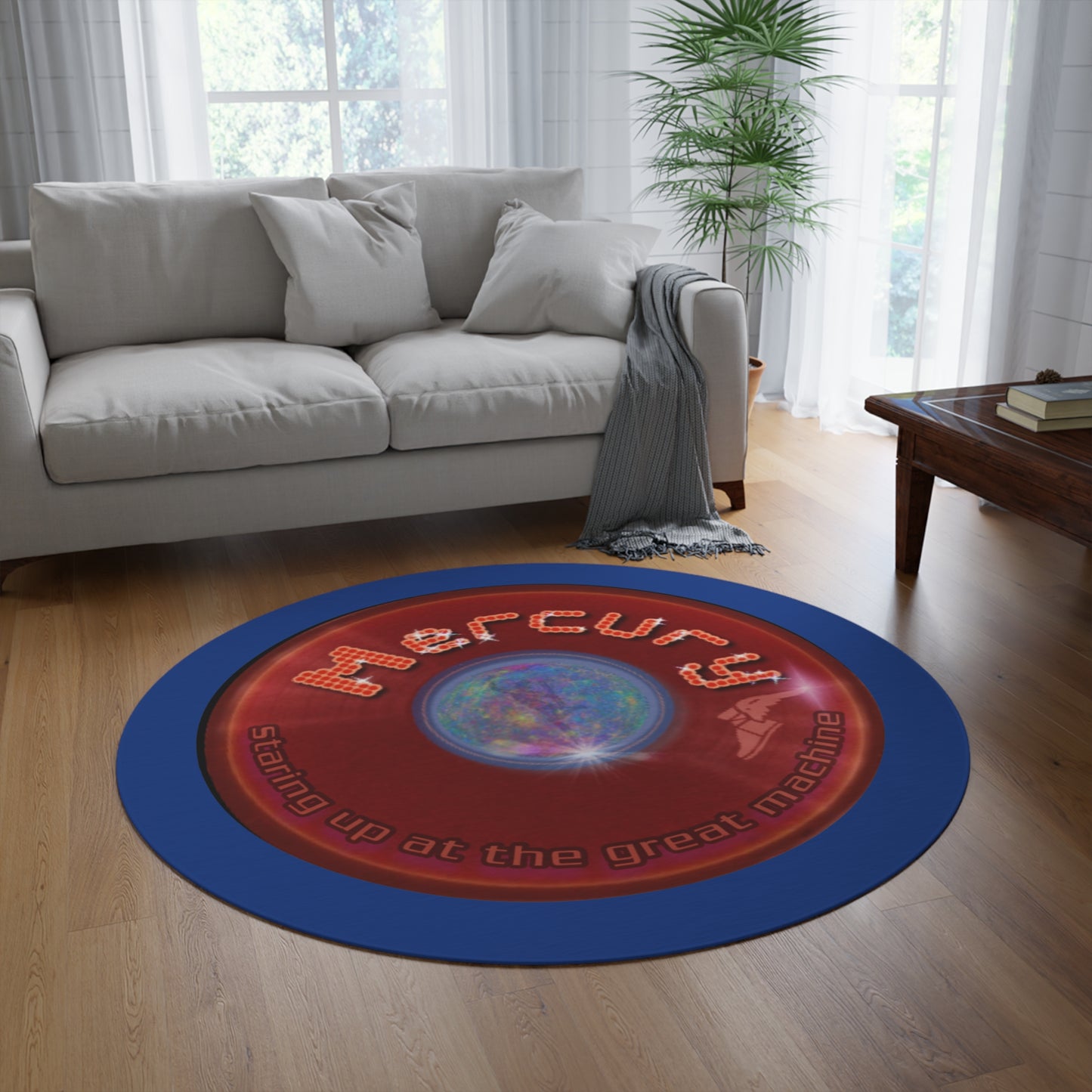 Round Room - 5 ft x 5 ft Lumpy Donut Rug - "Donut Rug of the Gods" - vivid red donut w/dark blue background - variant 3
