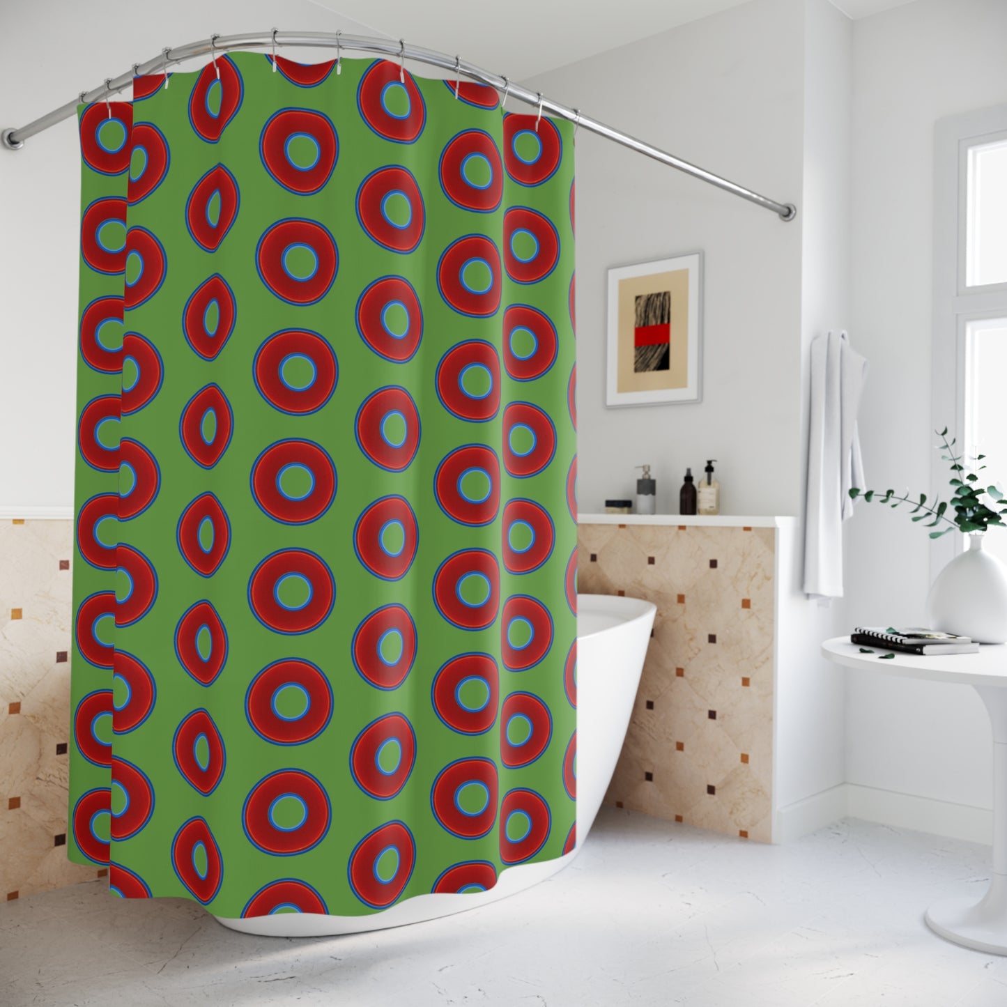 The Curtain With "Donuts" - Lumpy Bath Time Fun - vivid red donuts w/light green background