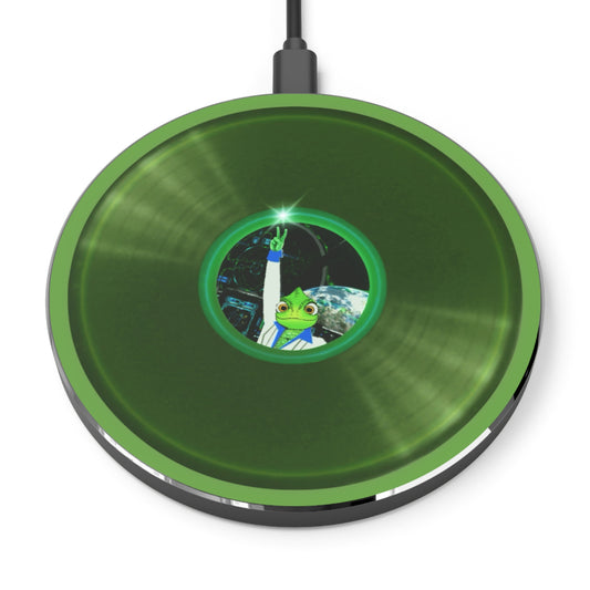The Flow - Wireless Lumpy Donut Chargers - "Rutherford's Staying Alive via Wireless Power" - vivid green record donut w/light green background - variant 2