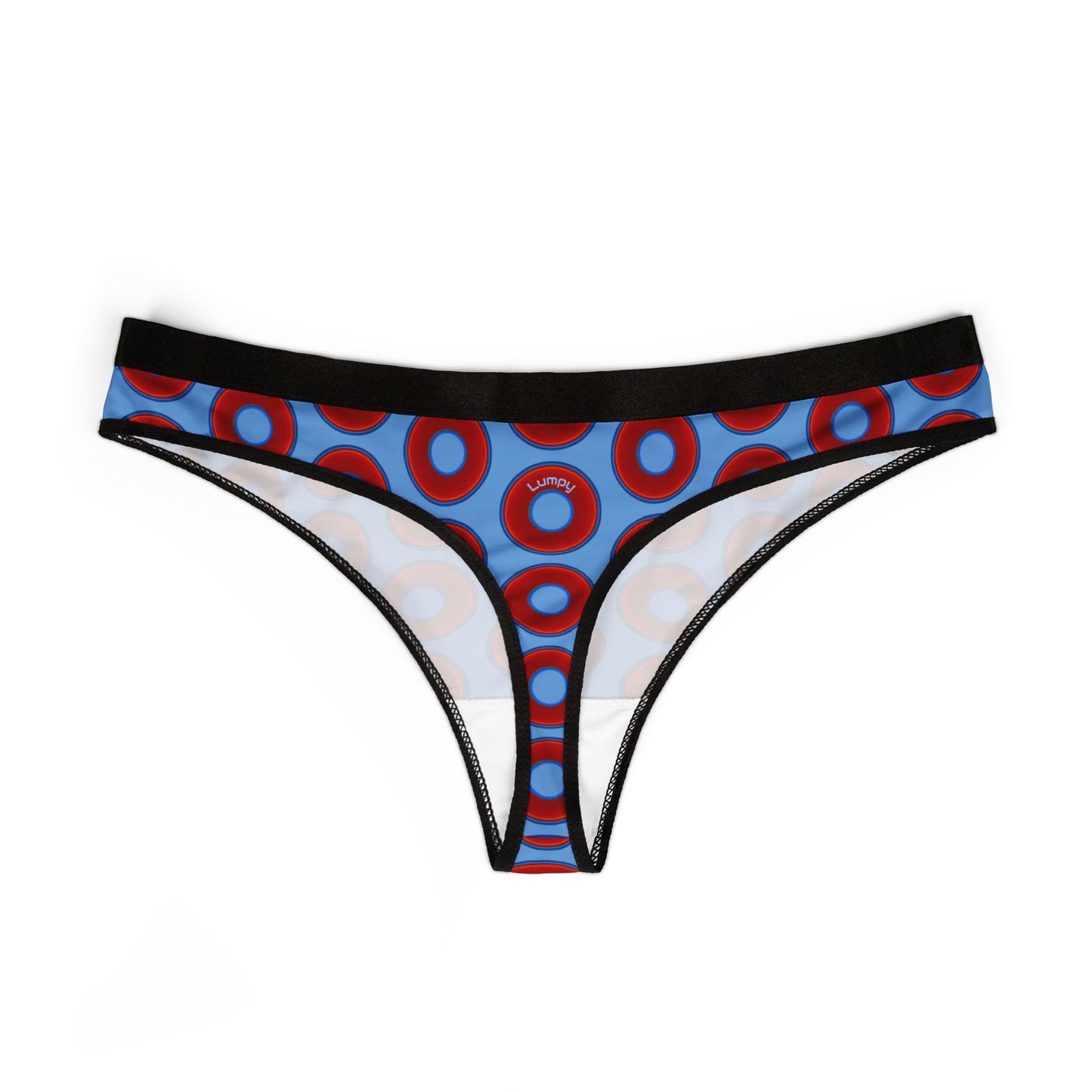 Lumpy Donut Thongs - red vivid donut print w/light blue background