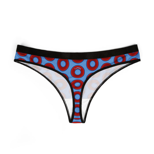 Lumpy Donut Thongs - red vivid donut print w/light blue background