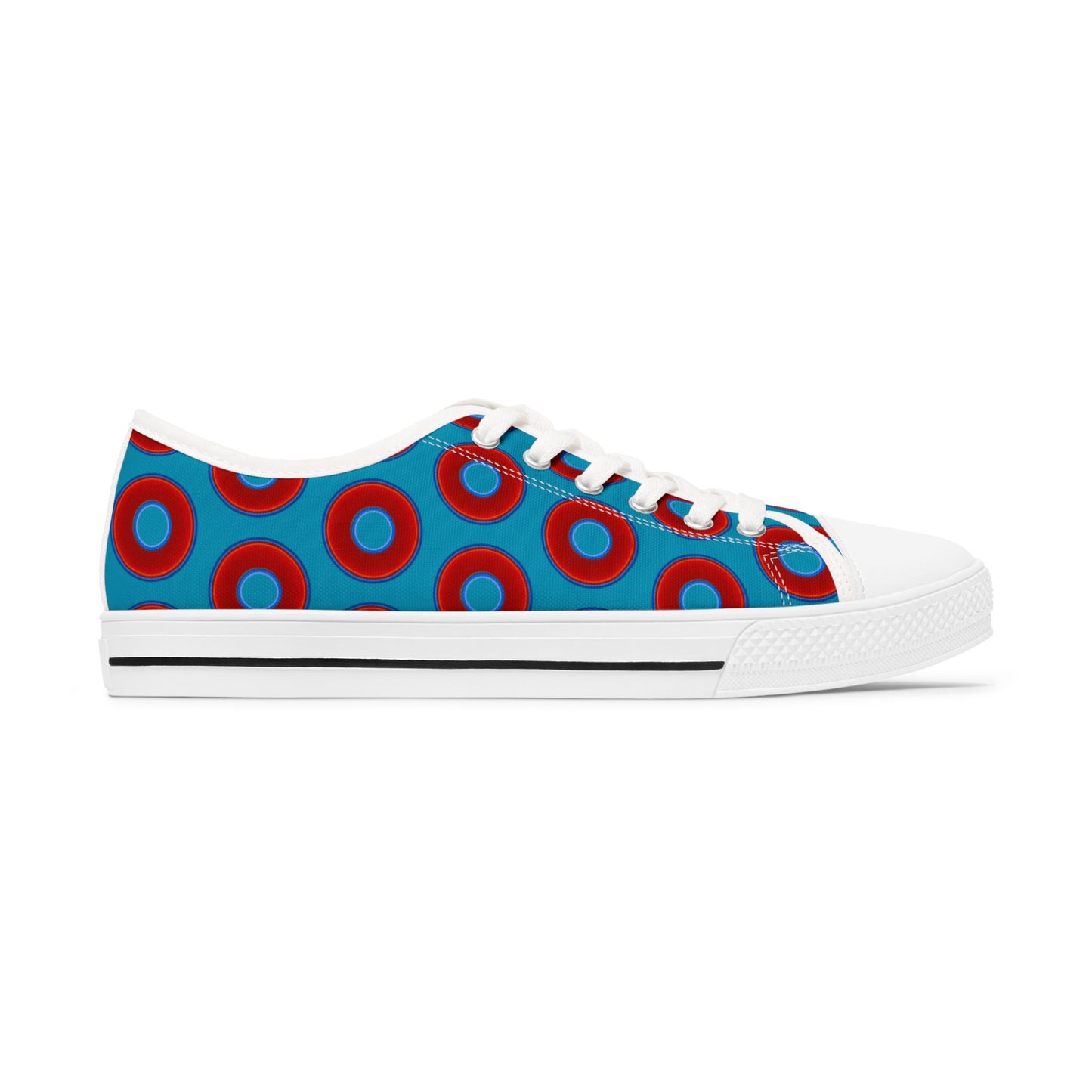 Women's - Low Top Chuck Taylors - large vivid red donut print w/aquamarine blue background