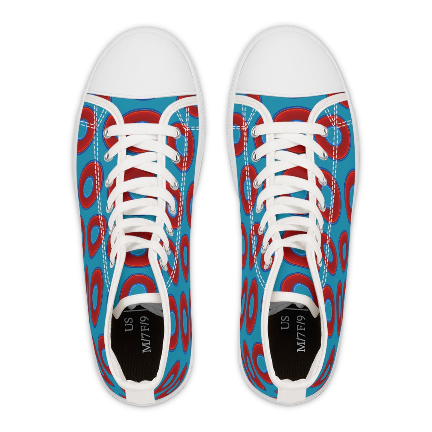 Women's High Top Chuck Taylors - large vivid red donut print w/aquamarine blue background