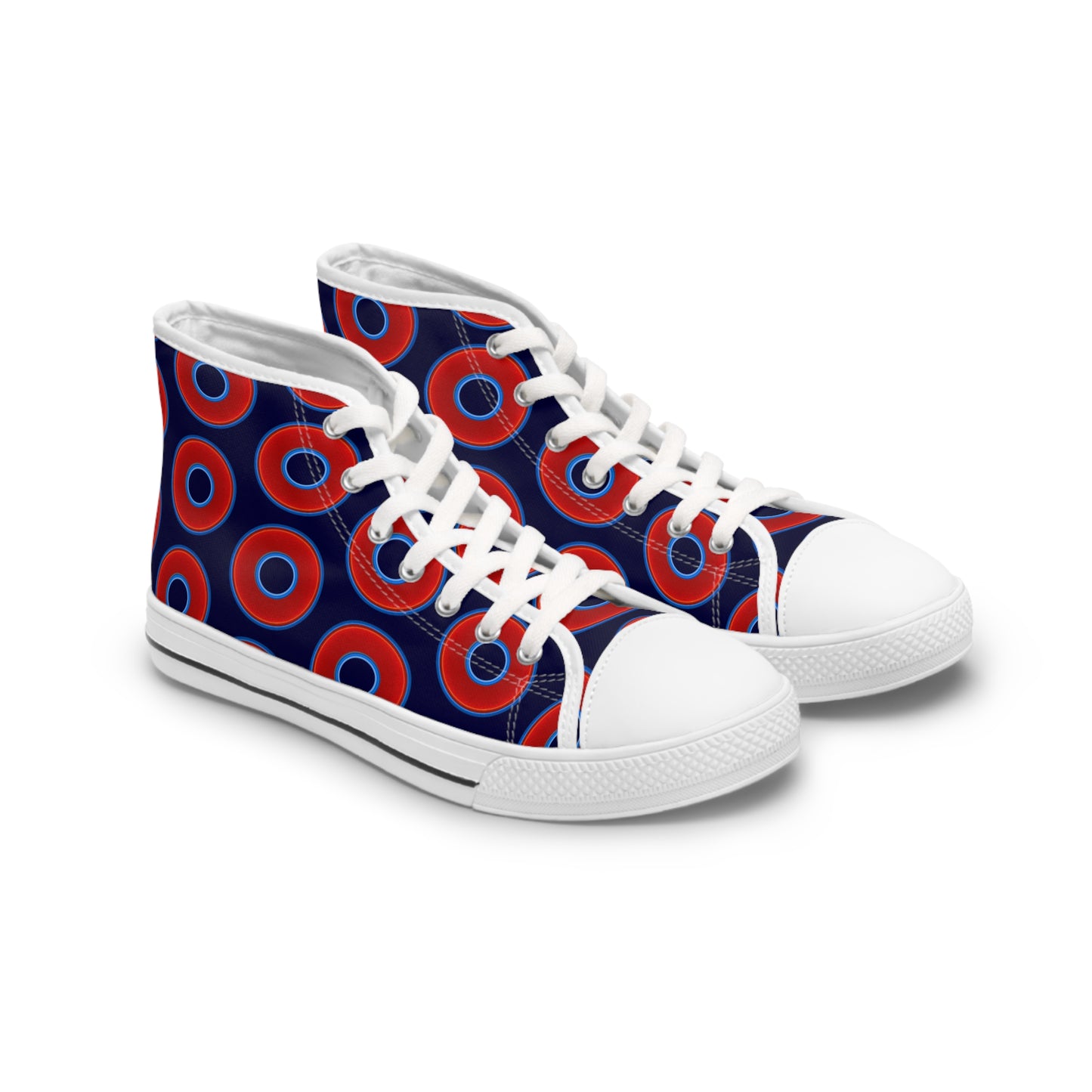 Women's High Top Chuck Taylors - large vivid red donut print w/midnight blue background
