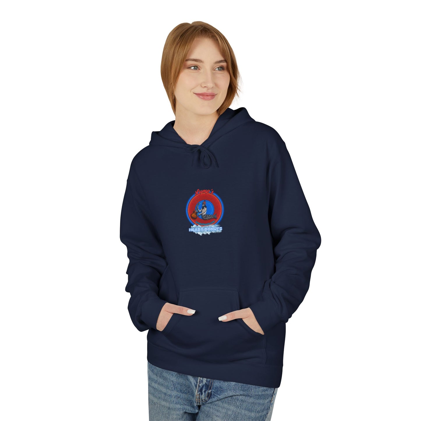 Unisex Fleece Hoodie - [Midweight Soft-style] - "Lump's Heady Logo" - w/rustic red donuts