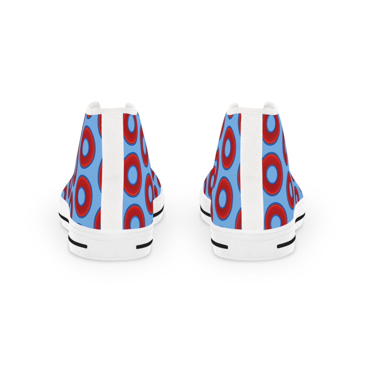Men's High Top Chucks - large vivid red donut print w/light blue background