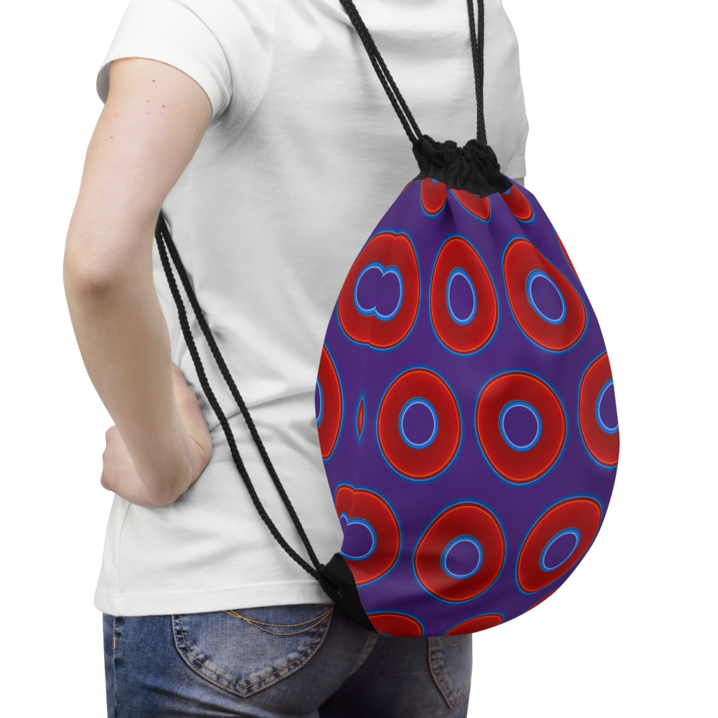 Lumpy Donut Drawstring Bag - red vivid donuts print w/purple background