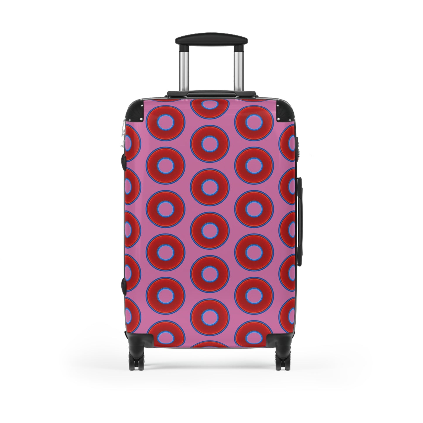 The Very Lumpy Donut Suitcase series - your choice of S, M or L - vivid red donut print w/light pink background