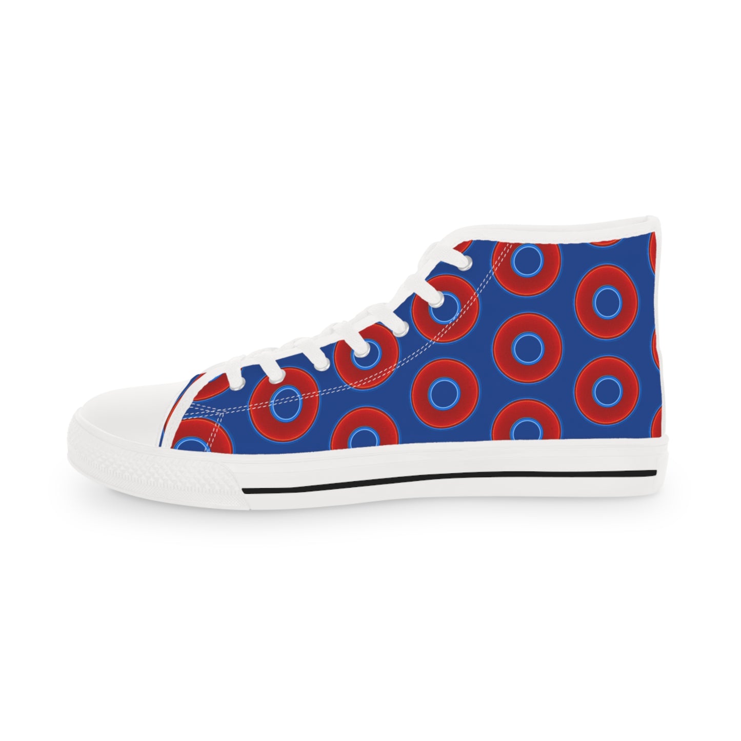 Men's High Top Chucks - large vivid red donut print w/dark blue background