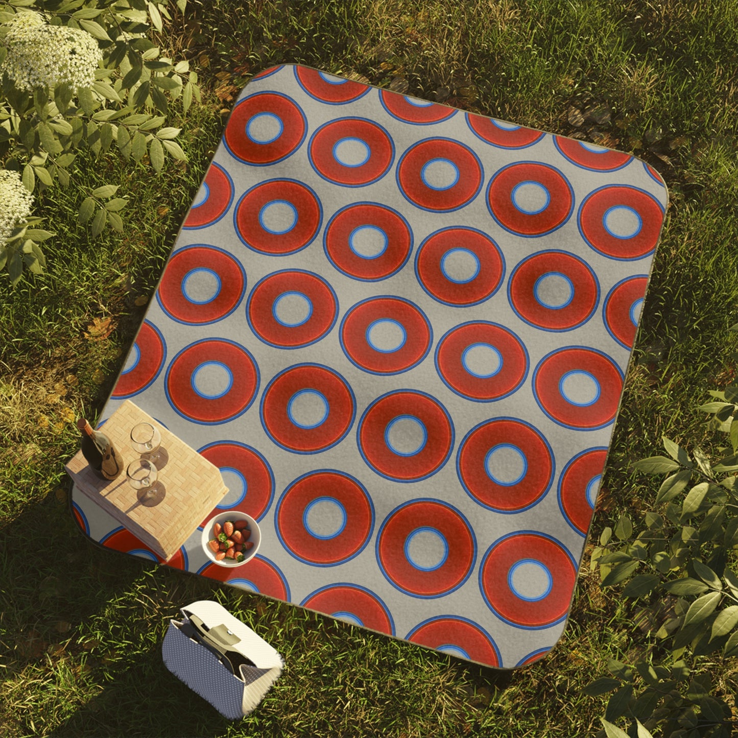 The Lumpy Party Blanket - giant water-resistant outdoor blanket [61" x 51"] - vivid red donuts w/light gray background