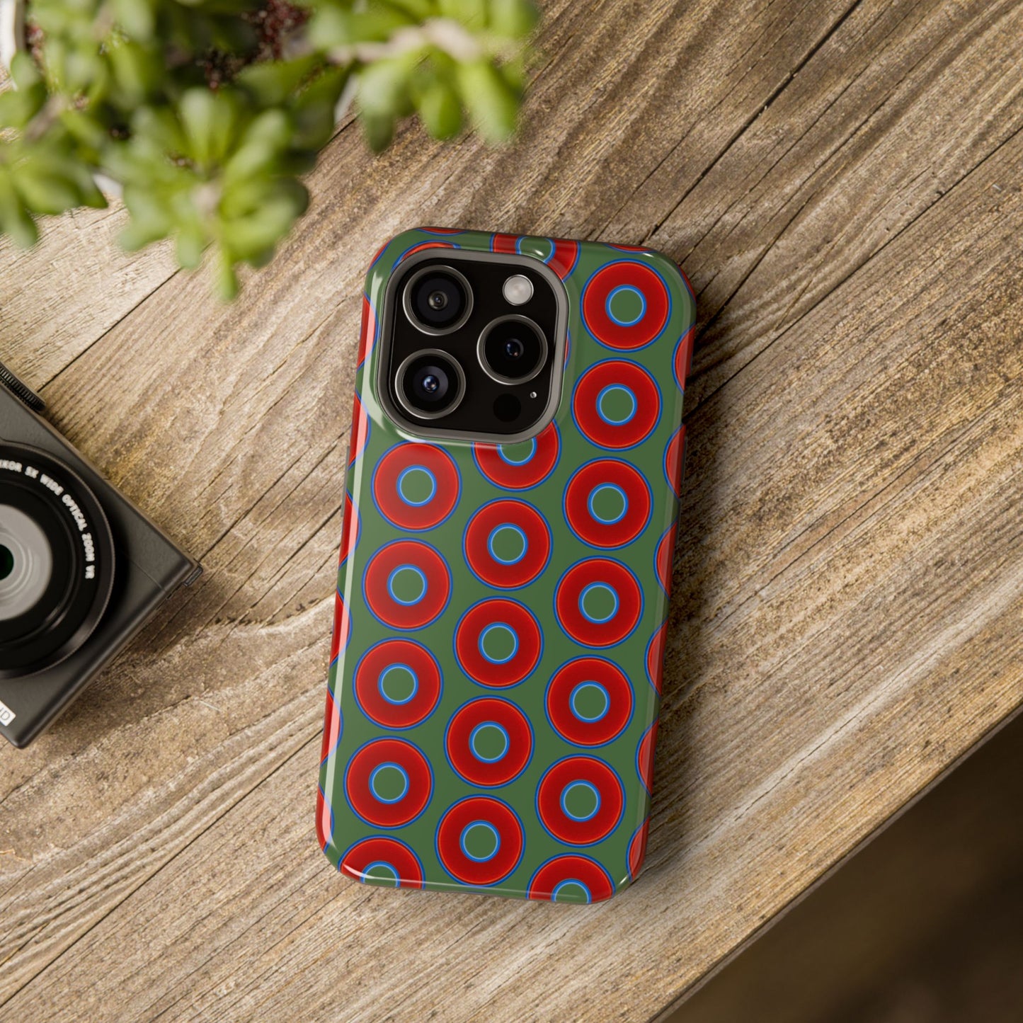 Magnetic Tough Donut Case - red vivid donut print w/dark green background