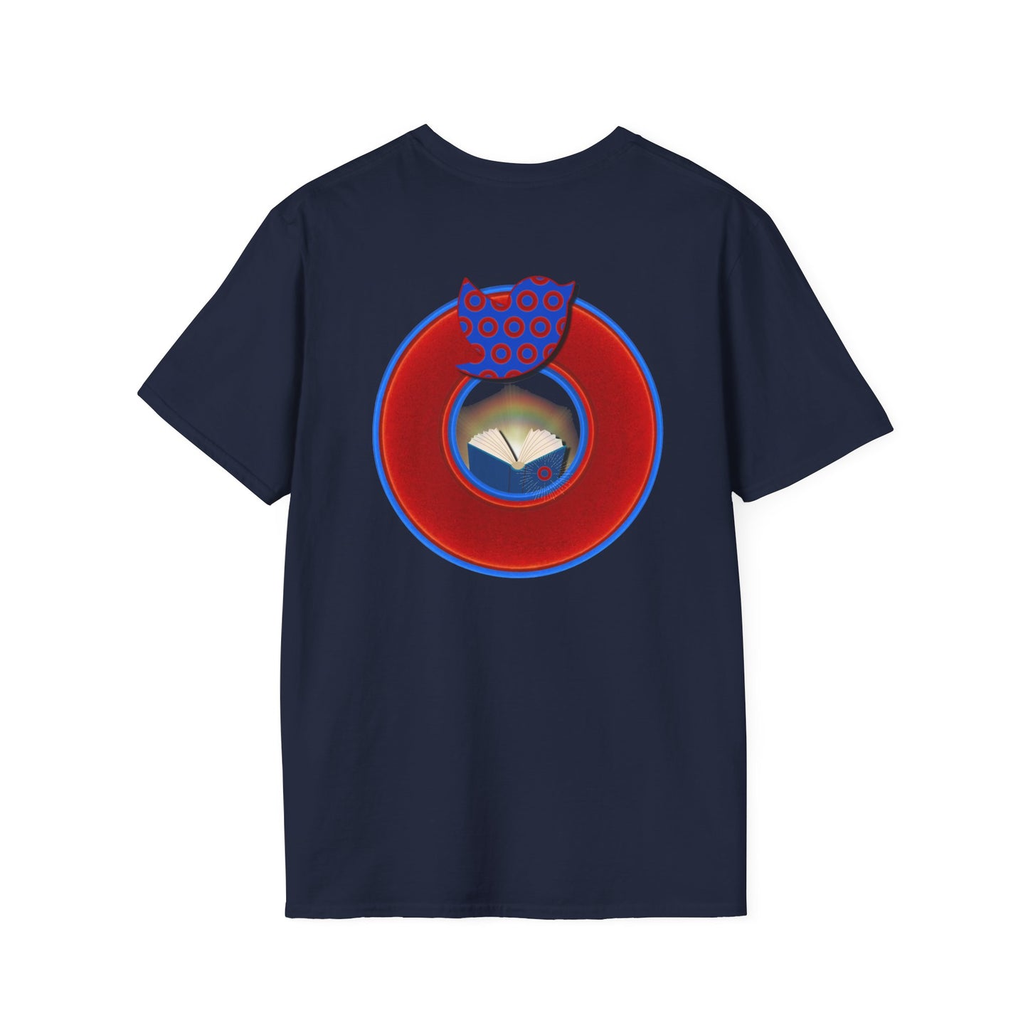 Classic Donut Tee - Unisex Soft-Style - "Phamous Mocking Donut" - vivid red/blue donut