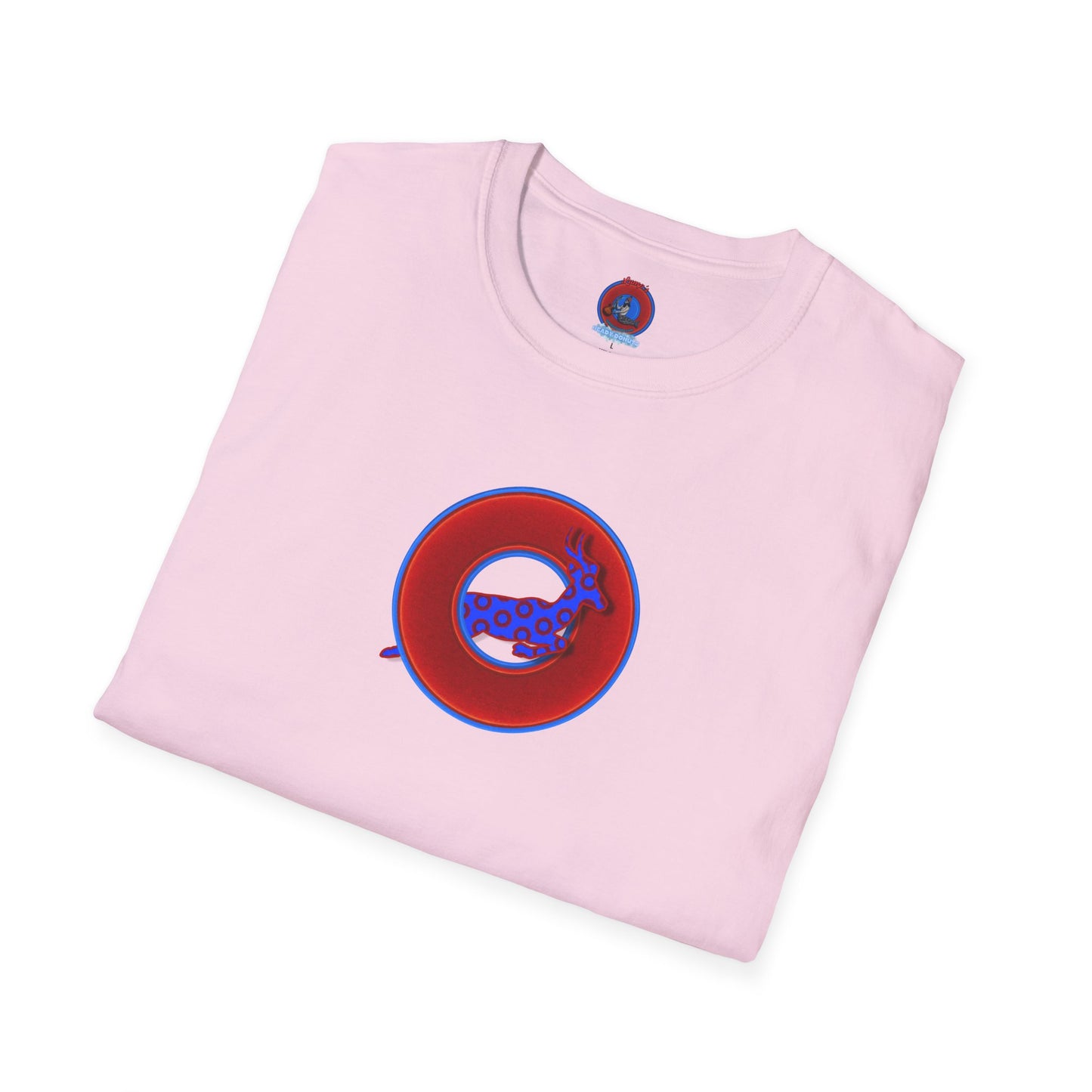 Classic Donut Tee - Unisex Soft-Style - "Out of Control Donut" - vivid red donut - variant 2 "jumping on through"