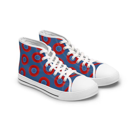 Women's High Top Chuck Taylors - large vivid red donut print w/light navy blue background