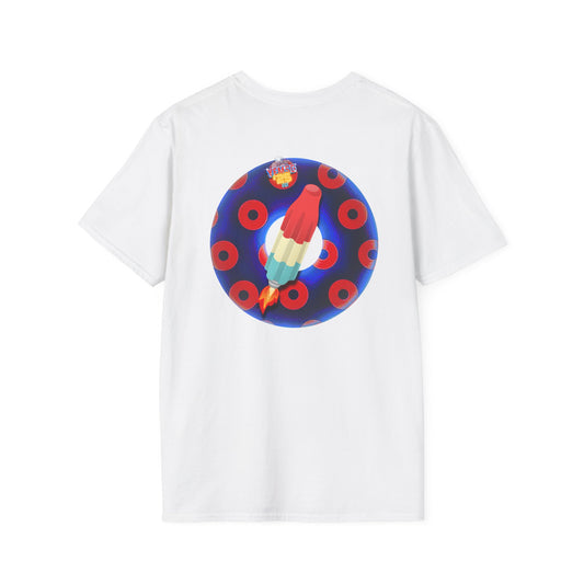 Classic Donut Tee - Unisex Soft-Style - "Blow this Popsicle Stand" - blue/red paradox bomb pop donut - variant 3
