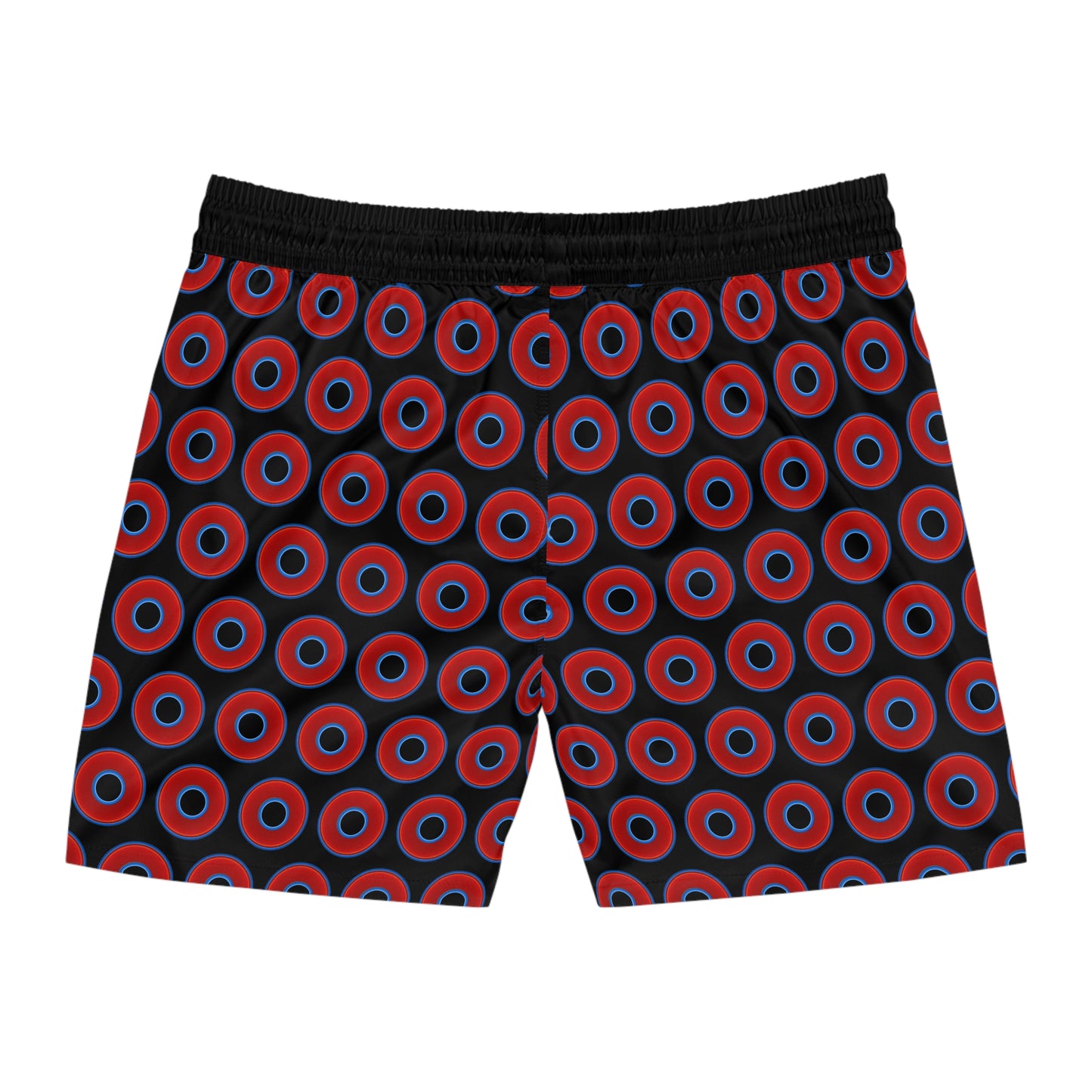Men's Lumpy Swim Trunks - vivid red donut print w/black background