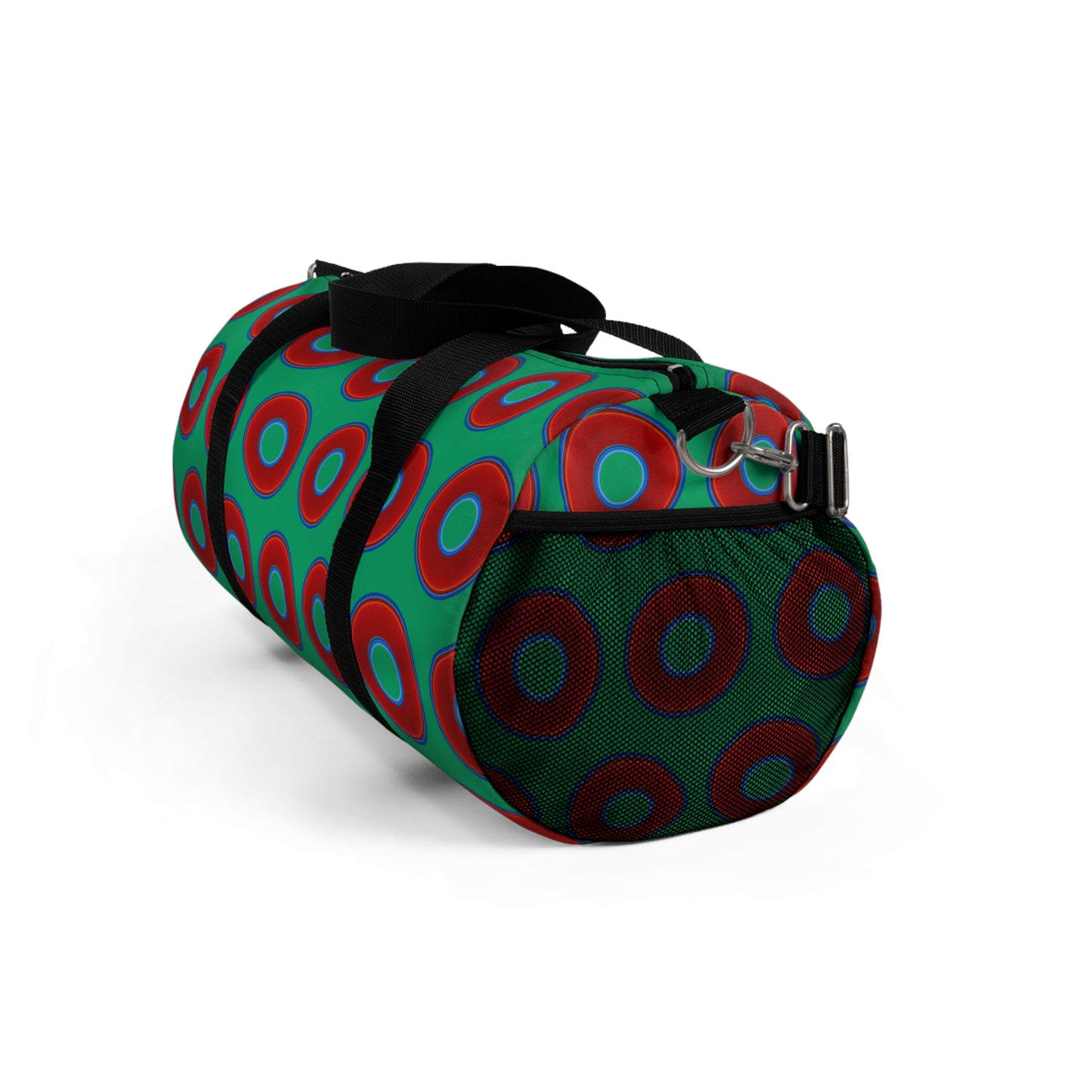 Lumpy Duffel - vivid red donuts w/jade green background