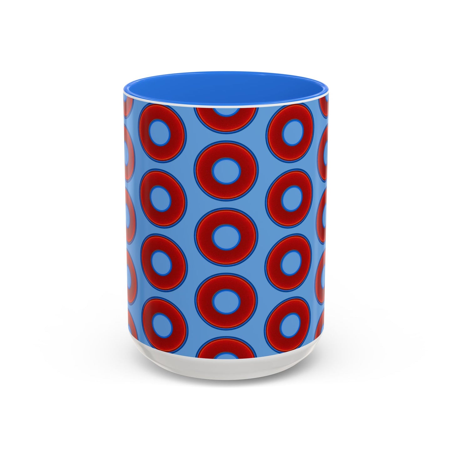Lump's Grumpy Coffee Mug - vivid red donuts w/light blue background