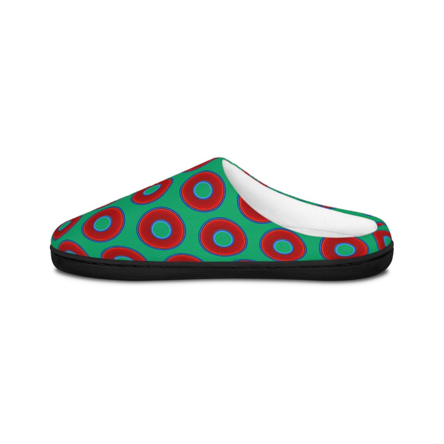 Men's Lumpy Slippers - red vivid donut print w/jade green background