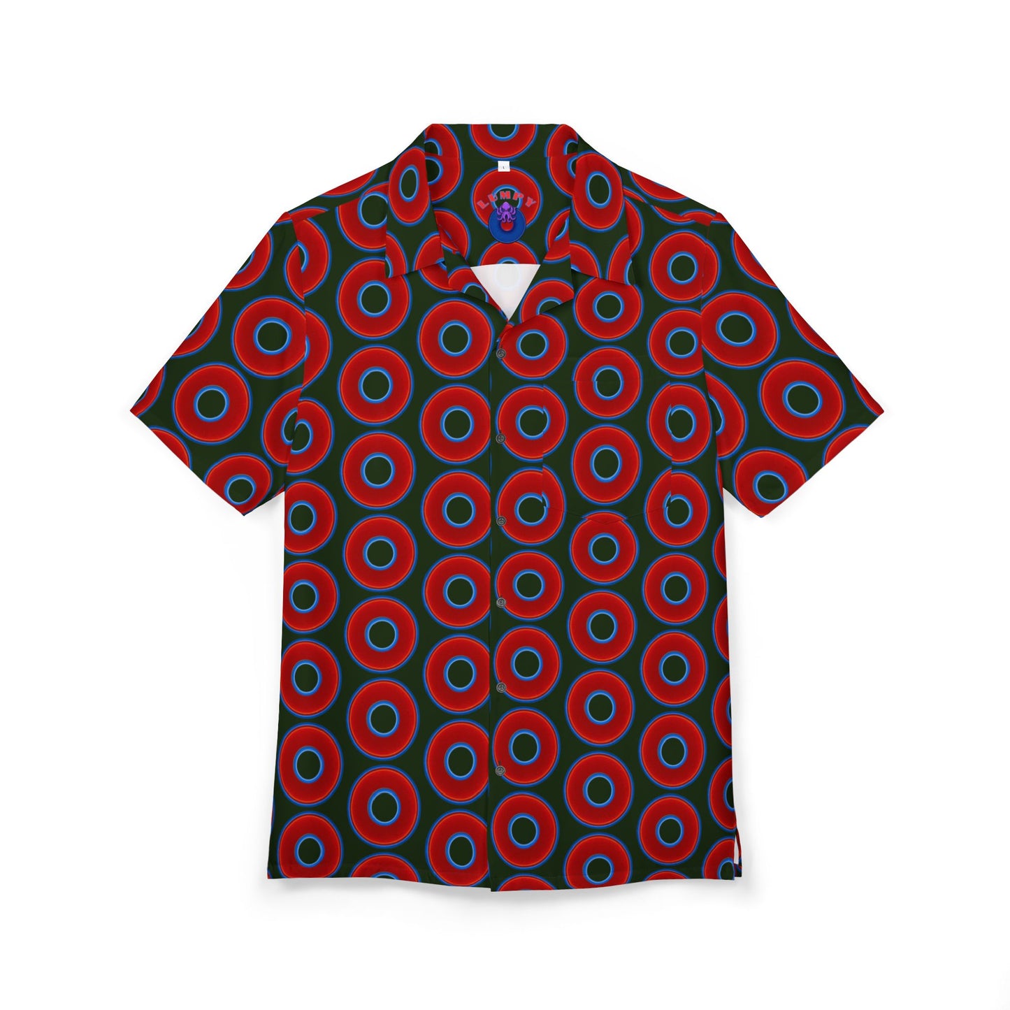 Wilson's 'Epic Hawaiian-Punch' Shirt - vivid red donut print w/midnight teal green background [unisex]
