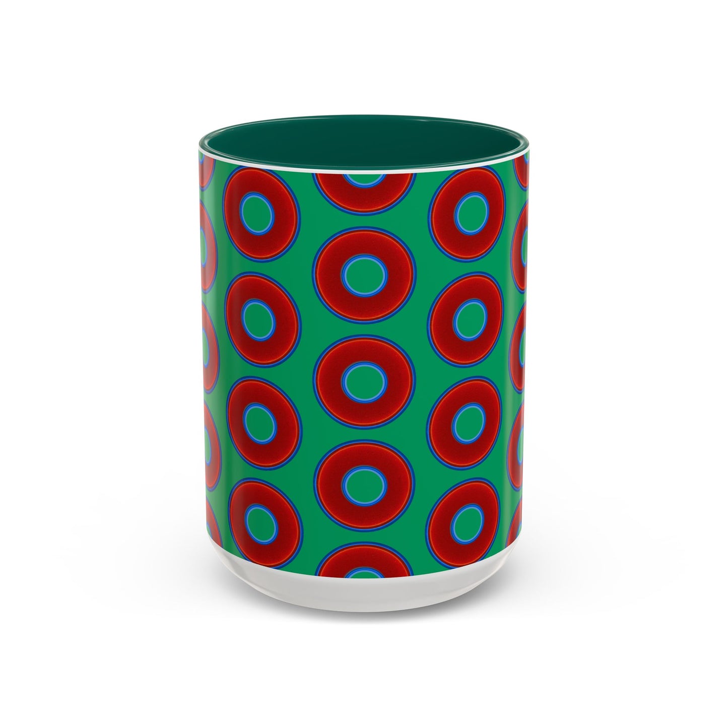 Lump's Grumpy Coffee Mug - vivid red donuts w/jade green background