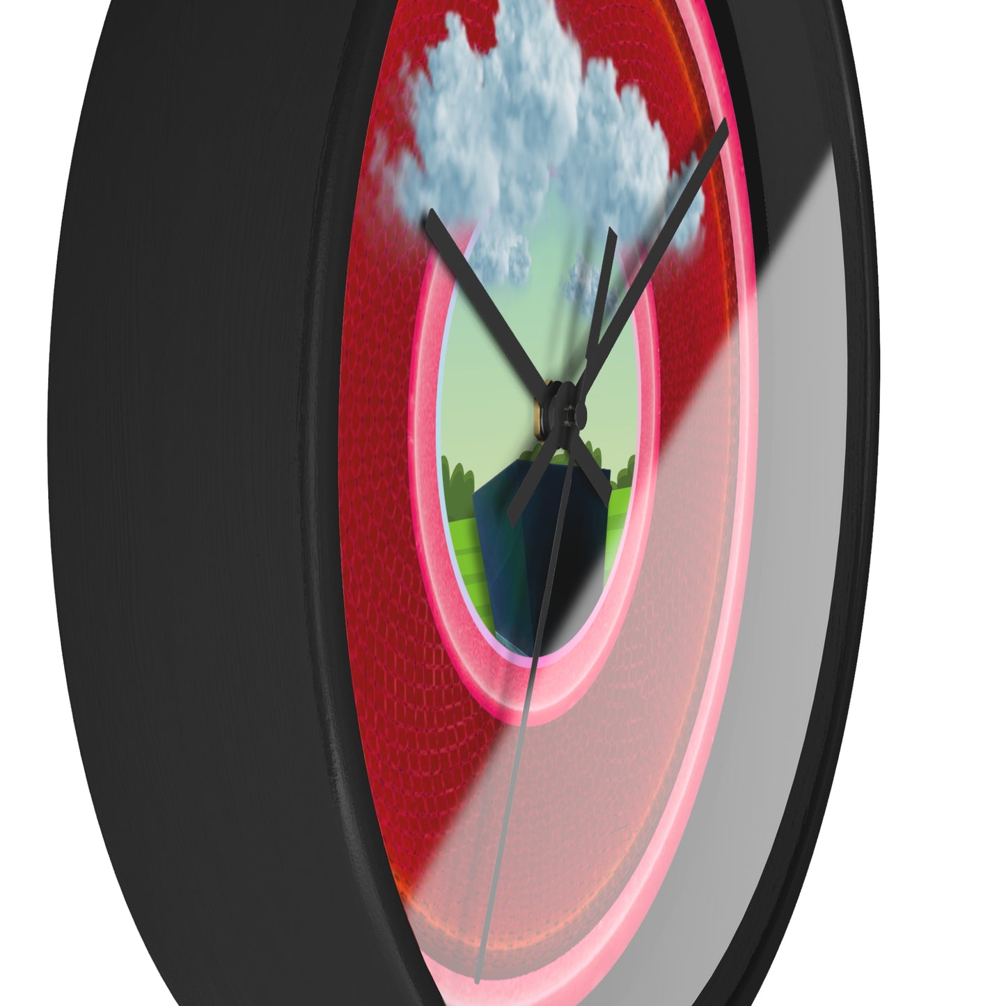 Lumpy Wall Clock - "Got Rhombus?" - variant 2 - red/pink rustic donut w/black background