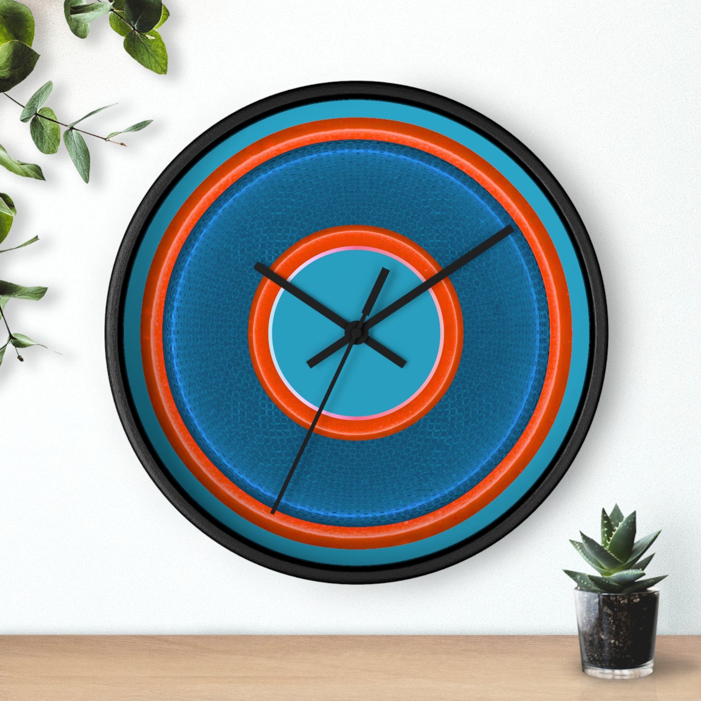 Lumpy Wall Clock - blue rustic donut w/light red/orange edging - variant 1 w/aquamarine blue background