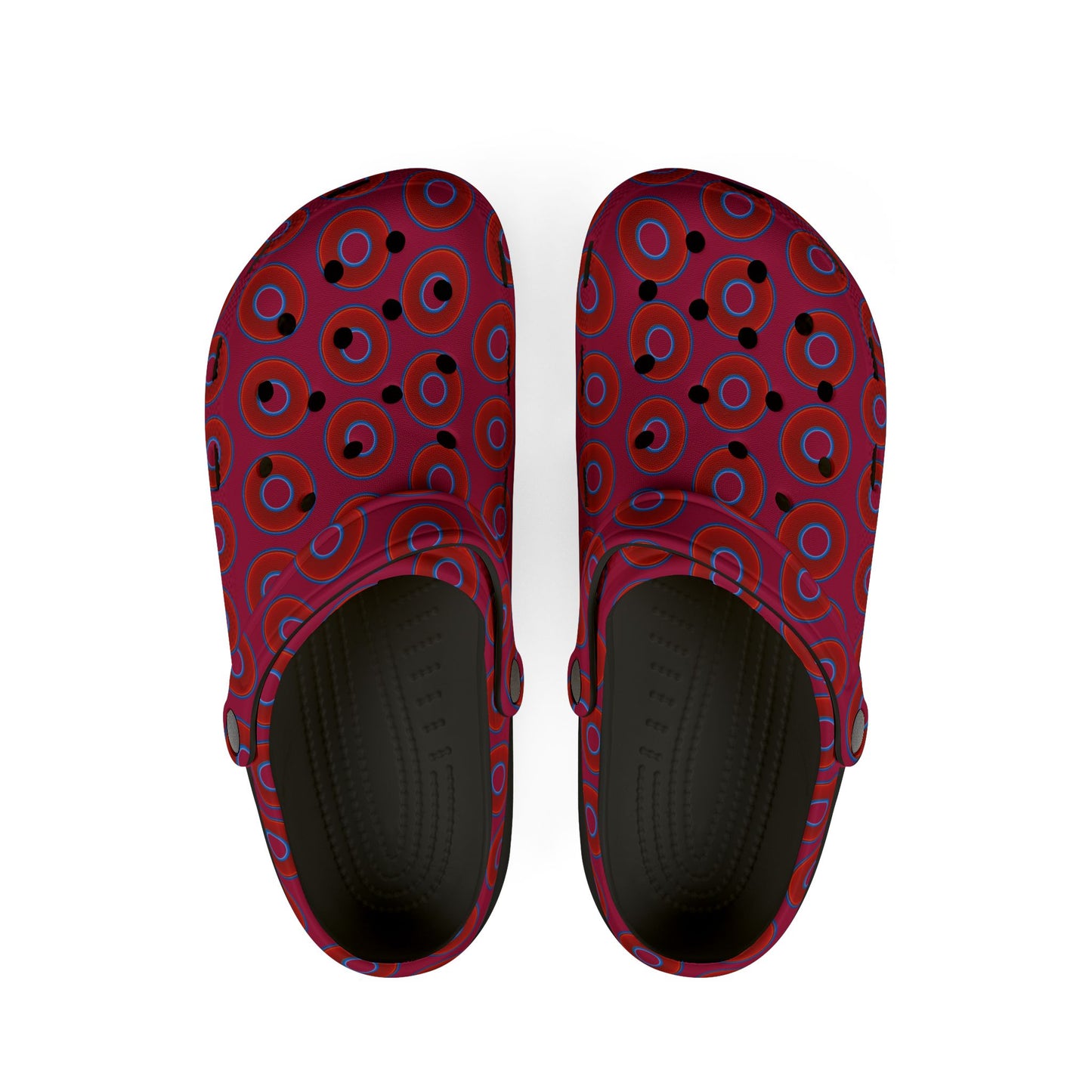 Spatchcocks - donut slip-on shoes - vivid red donuts w/dark magenta background [unisex]
