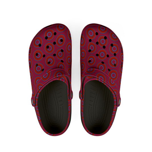 Spatchcocks - donut slip-on shoes - vivid red donuts w/dark magenta background [unisex]