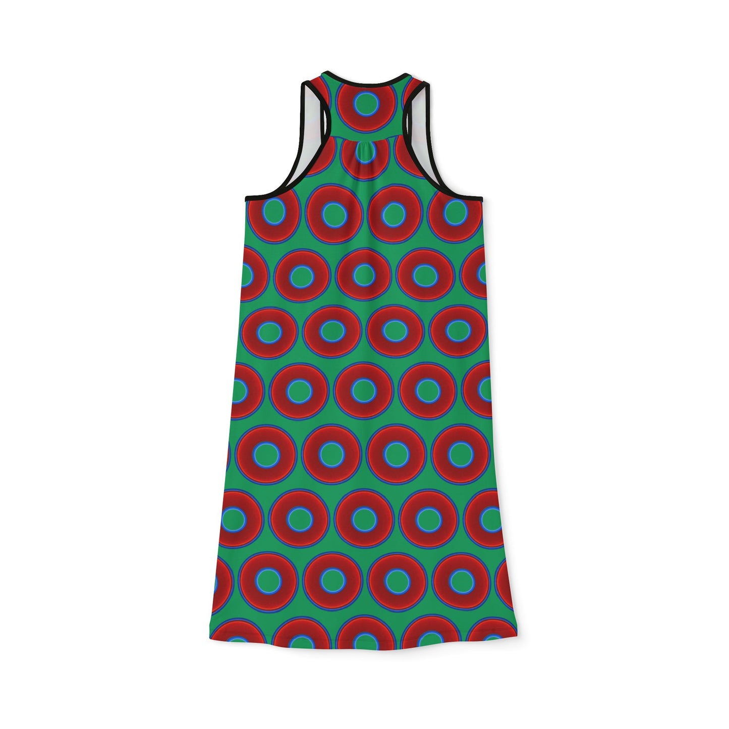 Tela's Lumpy Racerback Donut Dress - red vivid donut print w/jade green background