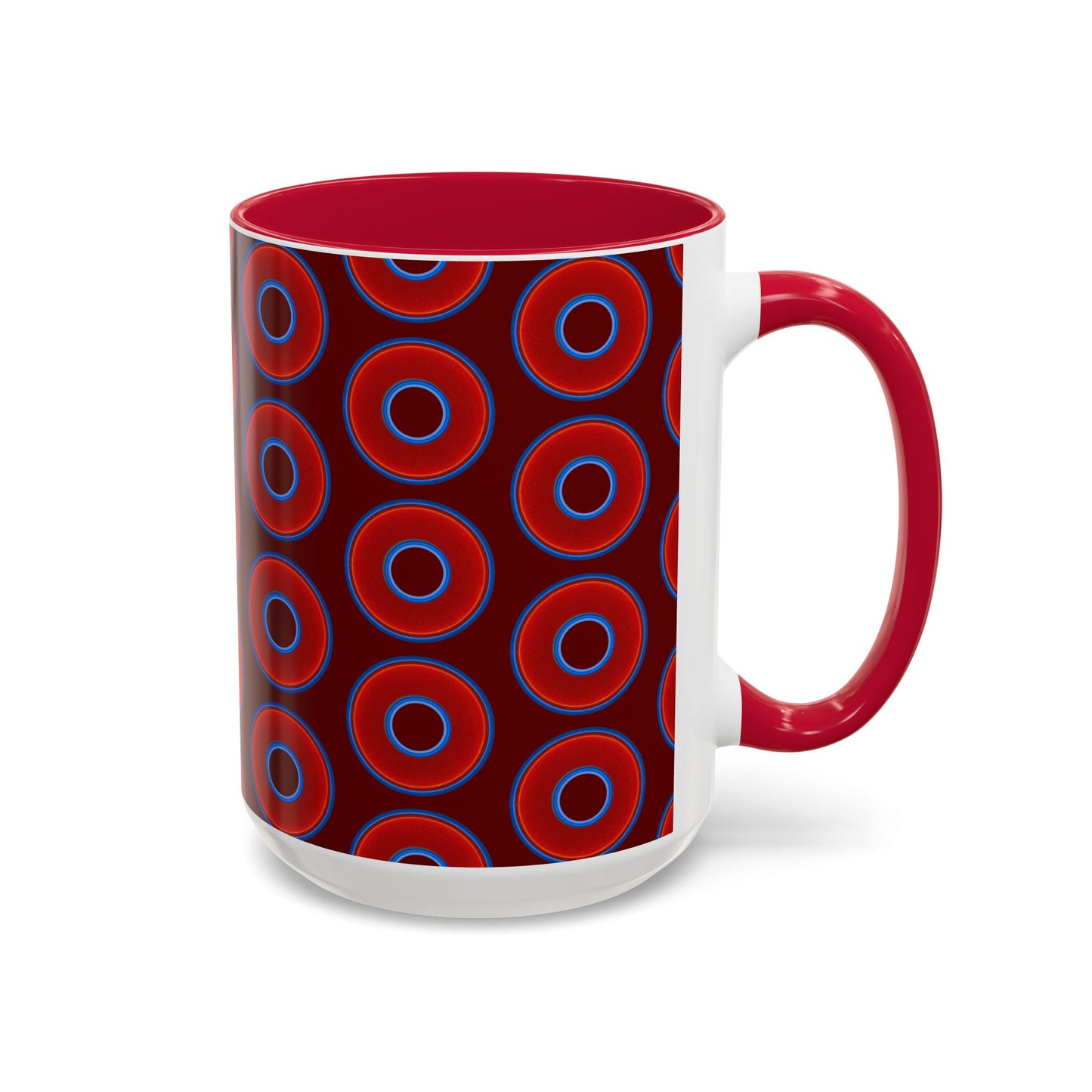Lump's Grumpy Coffee Mug - vivid red donuts w/dark red background