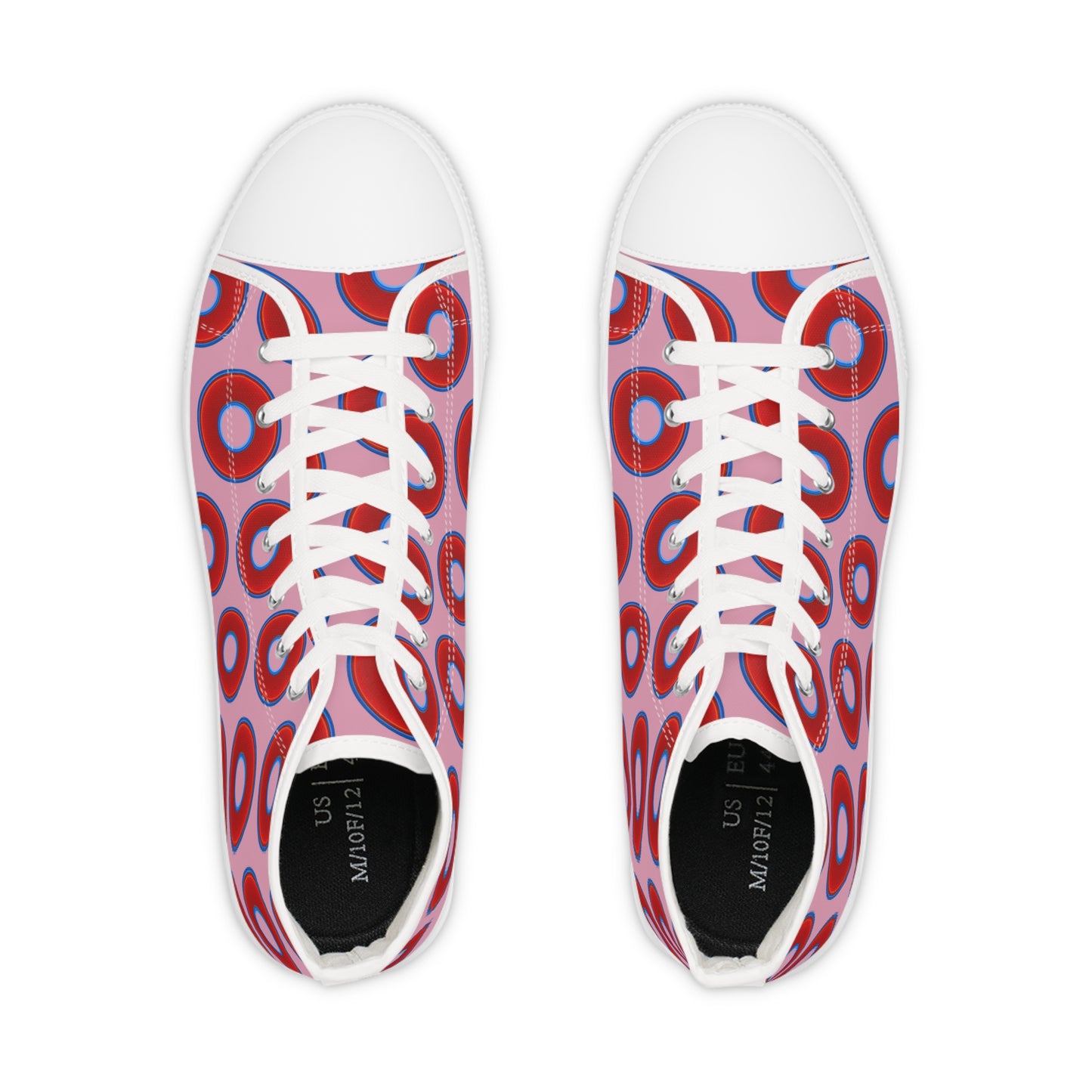 Men's High Top Chucks - large vivid red donut print w/pale magenta background
