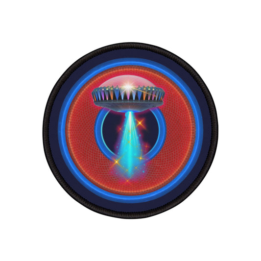 Iron-On Donut Patch - "They Have Donut Patches on the Mothership Now" - rustic red/blue blue donut - variant 1