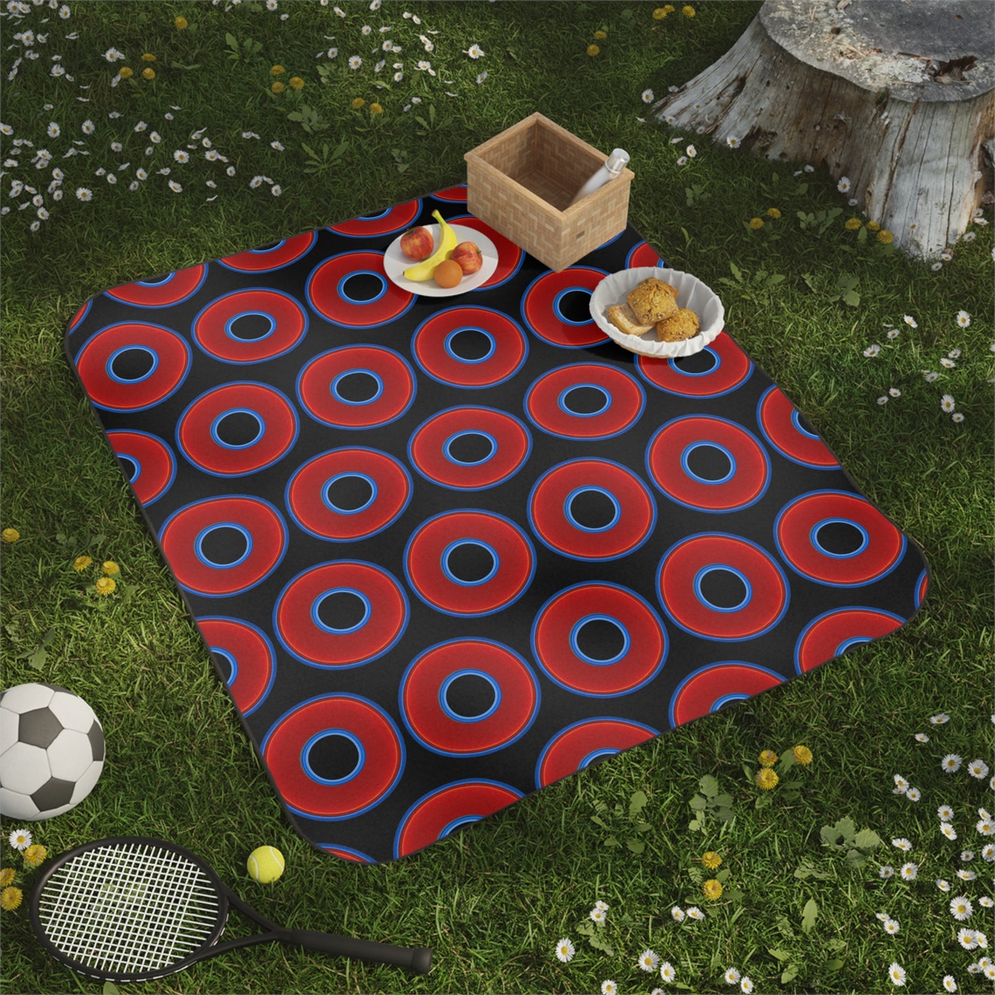The Lumpy Party Blanket - giant water-resistant outdoor blanket [61" x 51"] - vivid red donuts w/black background
