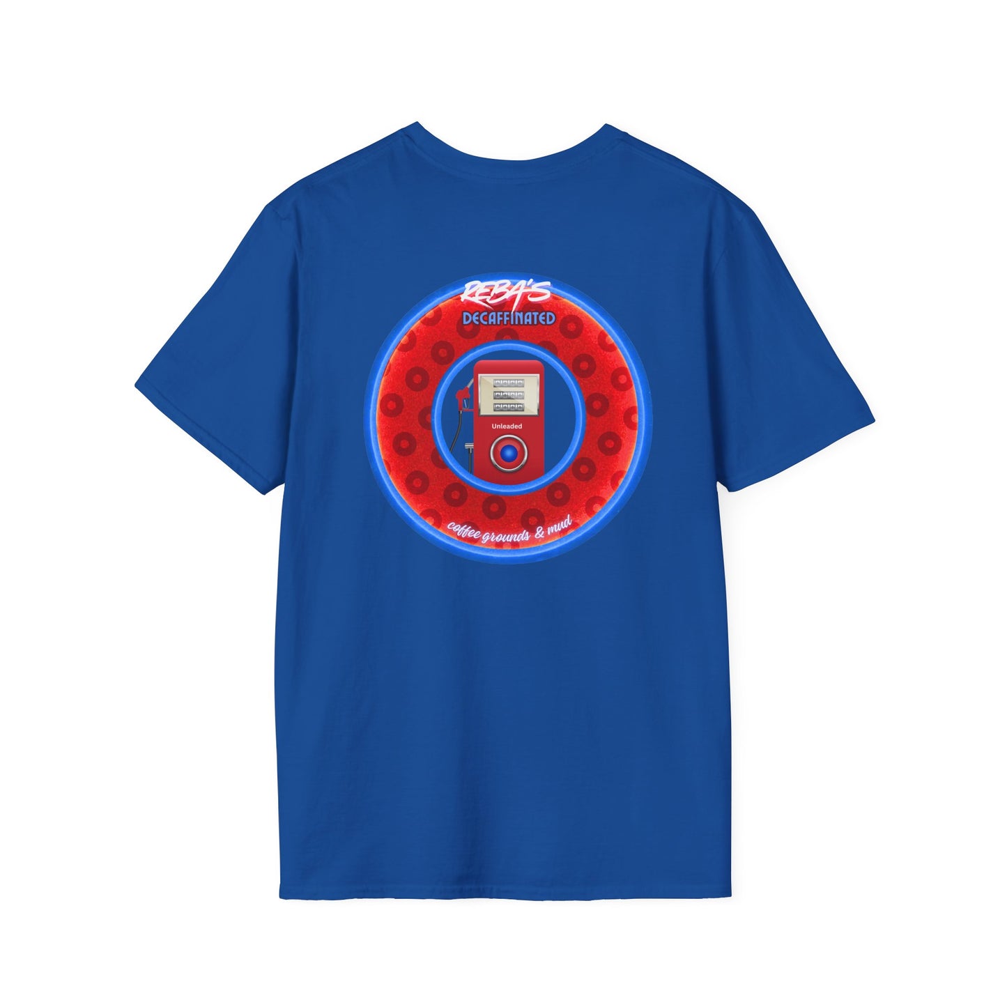 Coffee Traders Tee - Unisex Soft-Style - "Reba's Decaf: Coffee Grounds & Mud " - paradoxical donut - variant 2 - logo front/Reba back