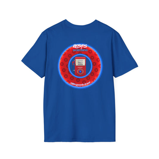 Coffee Traders Tee - Unisex Soft-Style - "Reba's Decaf: Coffee Grounds & Mud " - paradoxical donut - variant 2 - logo front/Reba back