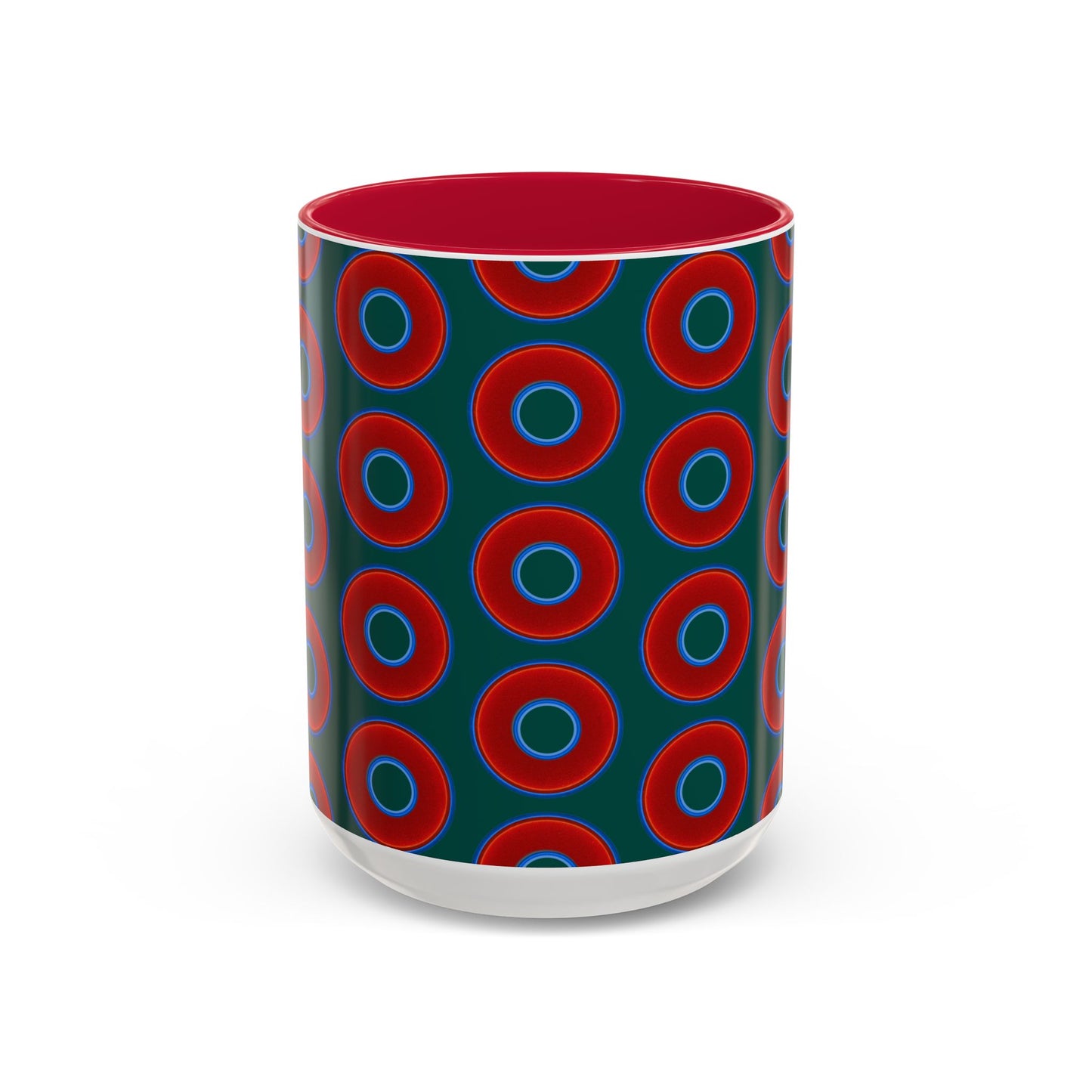 Lump's Grumpy Coffee Mug - vivid red donuts w/dark Fenway green background