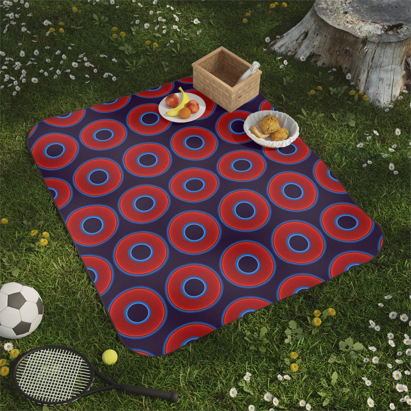 The Lumpy Party Blanket - giant water-resistant outdoor blanket [61" x 51"] - vivid red donuts w/midnight purple background