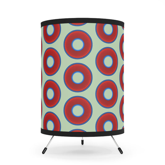 Lumpy Tripod Donut Lamp - vivid red donuts w/seafoam background